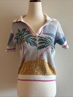 Cynthia Rowley Palm Tree Knit Polo Top in Gray, Green, Mustard, Pink